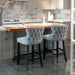 Two Velvet Upholstered Button Tufted Bar Stools with Wood Legs and Studs-Grey-Home Living Store-Furniture > Chairs > Table & Bar Stools 
