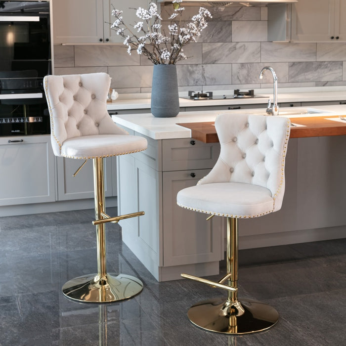 Two Height Adjustable Swivel Bar Stool Velvet Studs Barstool with Footrest and Golden Base- Beige-Home Living Store-Furniture > Chairs > Table & Bar Stools 