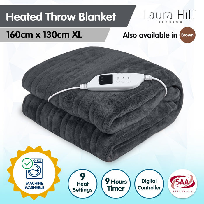 Laura Hill Heated Electric Blanket Throw Rug Coral Warm Fleece Grey