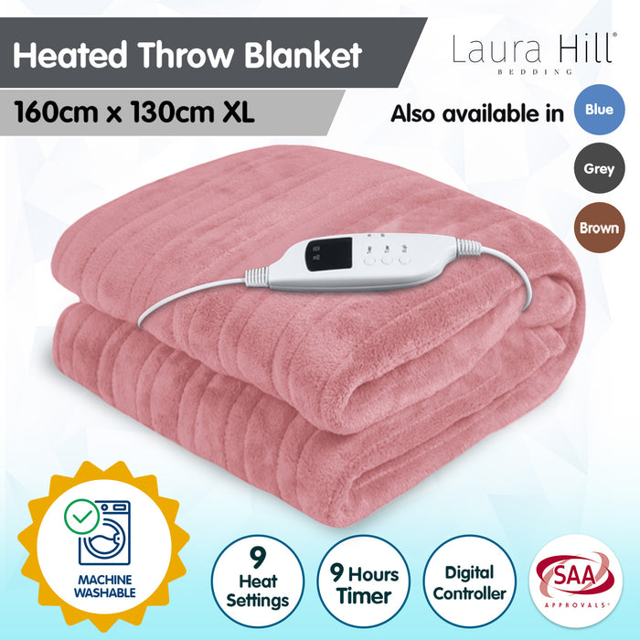 Laura Hill Heated Electric Blanket Throw Rug Coral Warm Fleece Pink