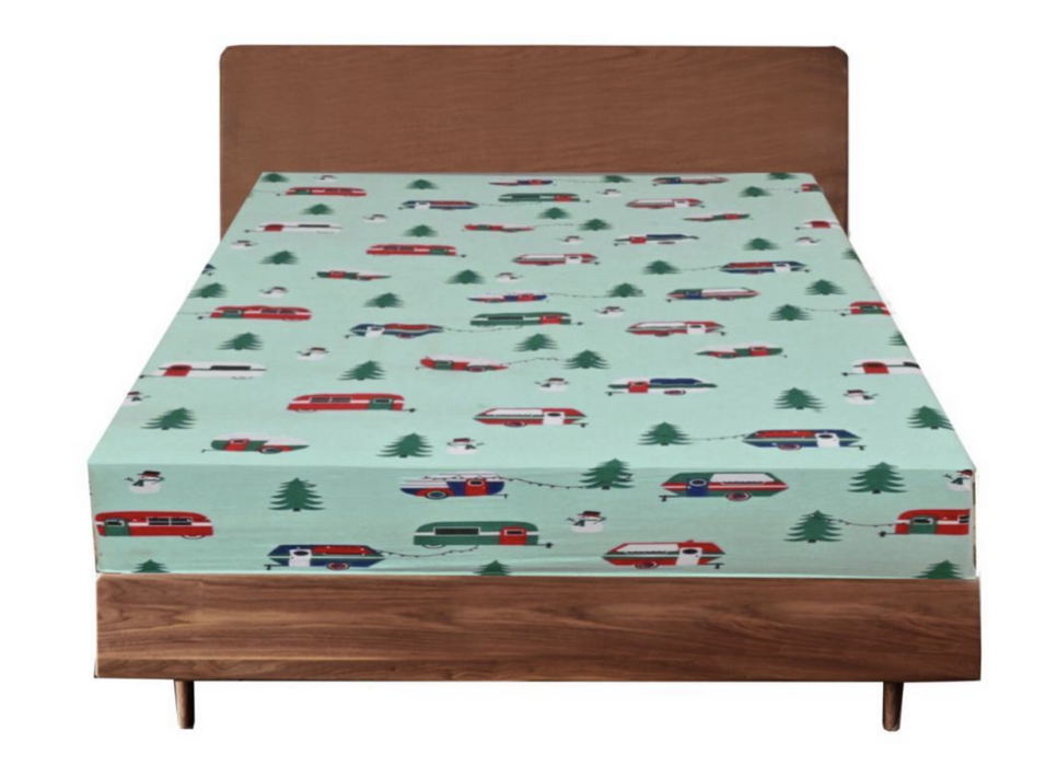 Queen Luxury 100% Cotton Flannelette Fitted Bed Sheet Flannel -  Trees/Caravan