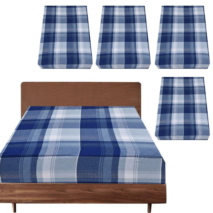 4x Queen Luxury 100% Cotton Flannelette Fitted Bed Sheet - Blue Check Print