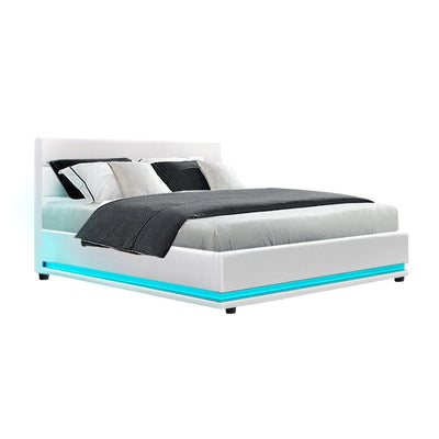 Artiss Bed Frame Double Size LED Gas Lift White LUMI-#product_category#-Home Living Store