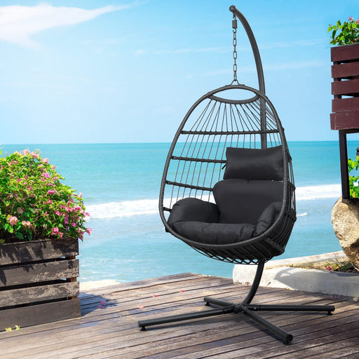 Gardeon Egg Swing Chair Hammock Stand Outdoor Furniture Hanging Wicker Seat Grey Home Living Store