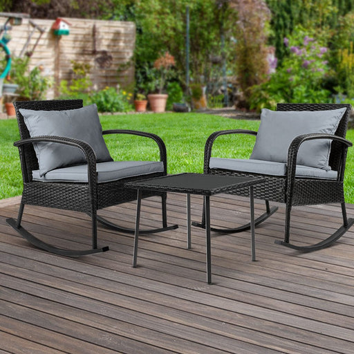 Gardeon Three Piece Outdoor Chair Rocking Set - Black Furniture > Outdoor Furniture > Outdoor Furniture Sets HLS