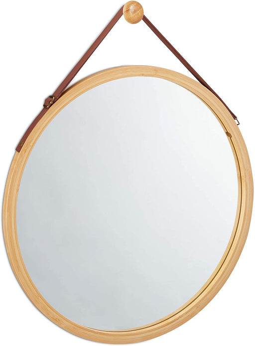 Hanging Round Wall Mirror 38 cm - Solid Bamboo Frame and Adjustable Leather Strap for Bathroom and Bedroom Home Living Store