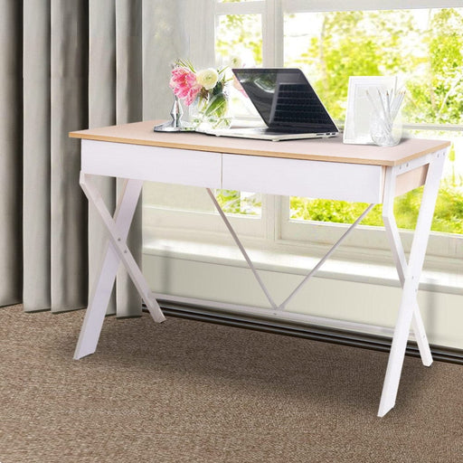 Metal Desk with Drawer - White with Oak Top Furniture > Office Furniture > Desks HLS