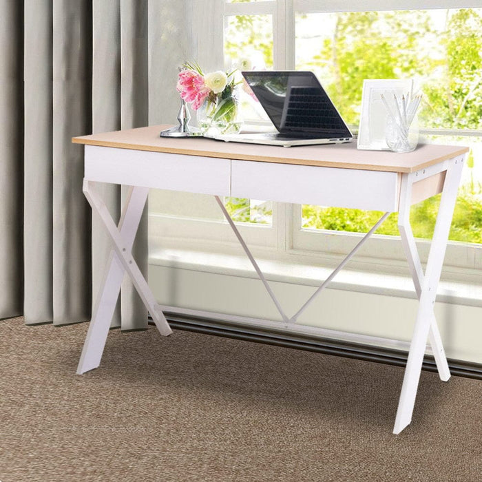 Metal Desk with Drawer - White with Oak Top Furniture > Office Furniture > Desks HLS