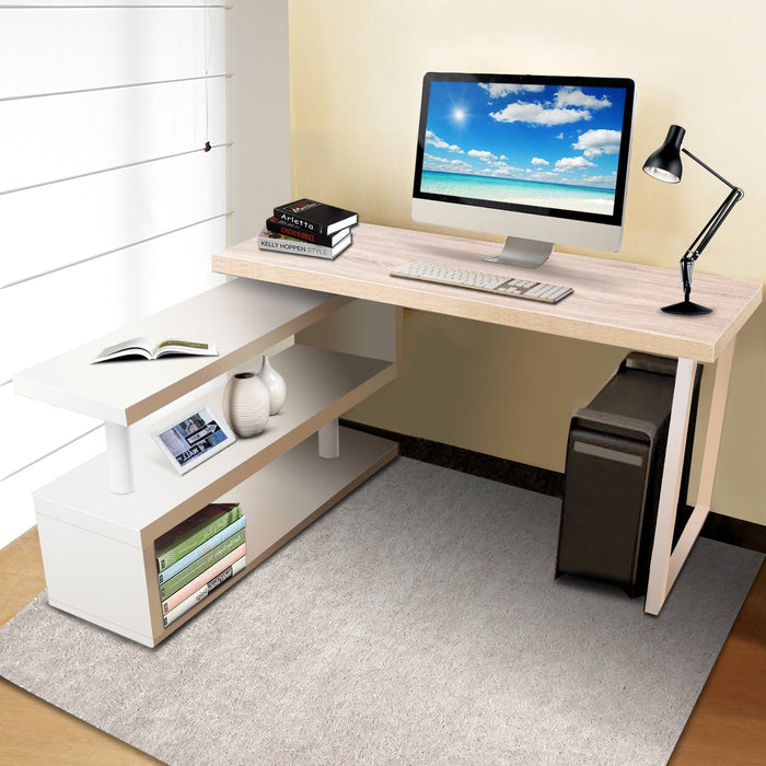 Rotary Corner Desk with Bookshelf - Oak & White Furniture > Office HLS