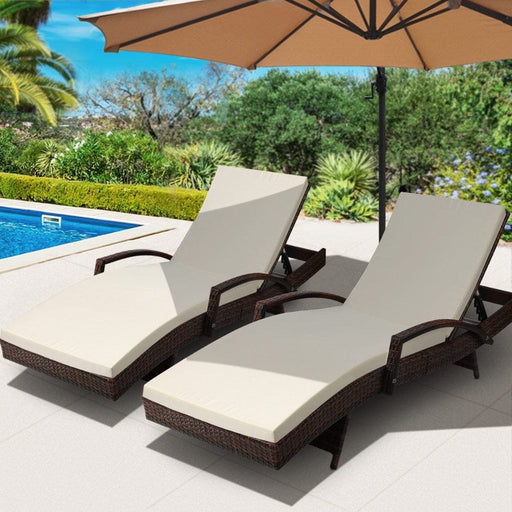 Two Sun Lounge Outdoor Furniture Day Bed Set - Rattan Wicker Lounger Patio Brown-Home Living Store-Furniture > Outdoor Furniture > Outdoor Furniture Sets 